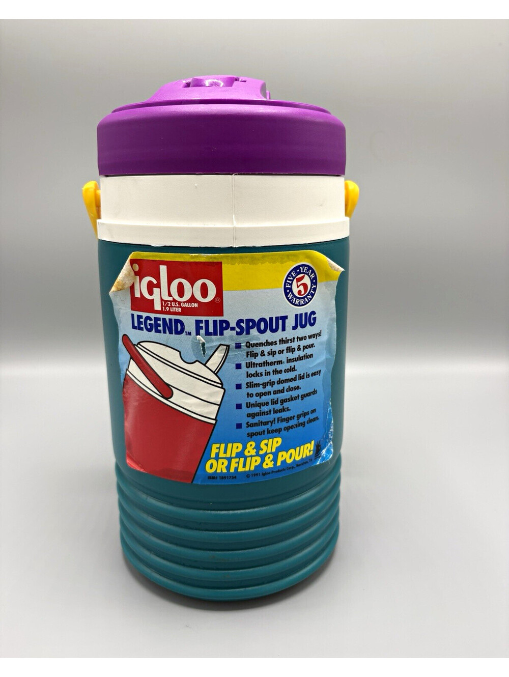 Igloo Legend Flip-Spout Jug 1/2 Gal Plastic Teal Purple Lid Yellow Handle